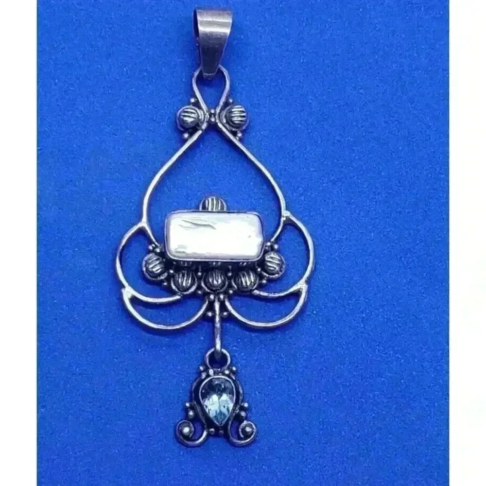 Vintage Pendant 925 Sterling Silver Genuine Pearl & Topaz Large Fancy - Picture 1 of 9